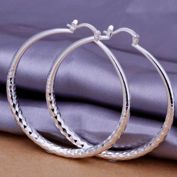 Jewelry - NEW 925 Silver 2" Diamond Cut Hoop Earrings